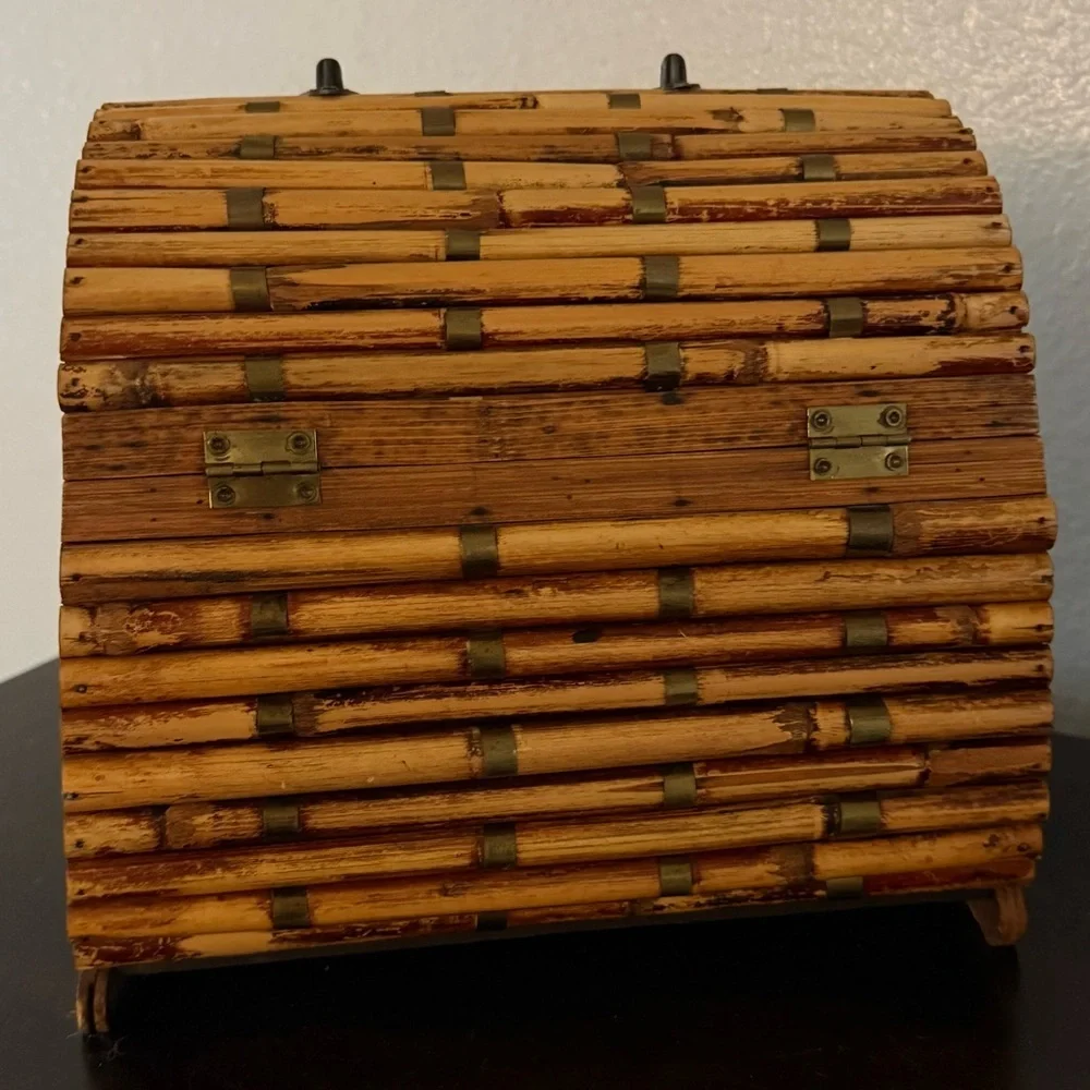 Vintage Bamboo Wooden Chest Trinket Box | Rustic Boho Storage | Rare Collectible